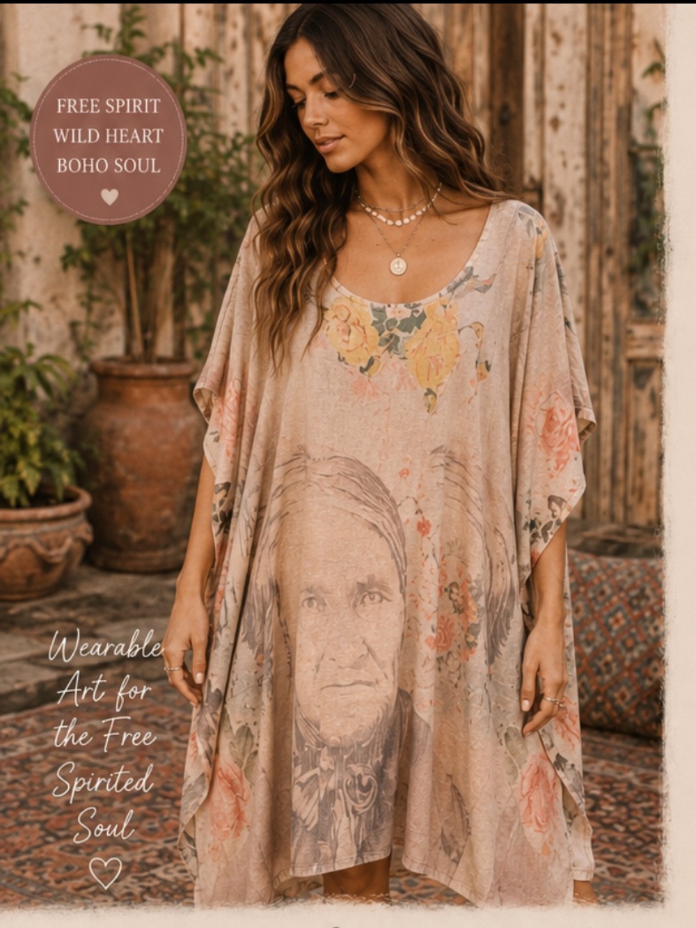 Chief Joseph Kaftan Dress - Floral Print in Blush Beige
